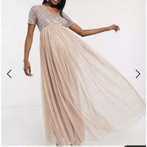 Maya Maternity pink blush short sleeve maxi tulle sequin dress gown womens 4